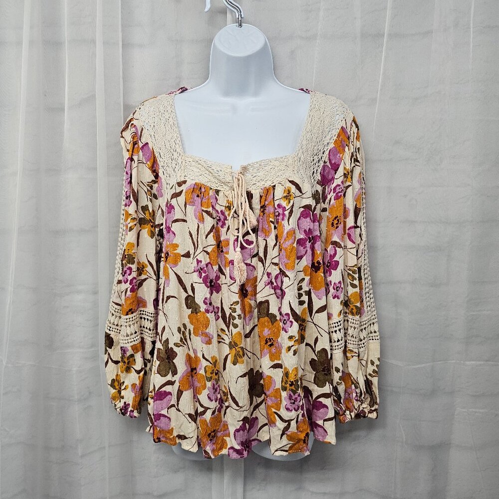 Boho Floral Crochet Trim Peasant Top - Cream with Pink & Mustard